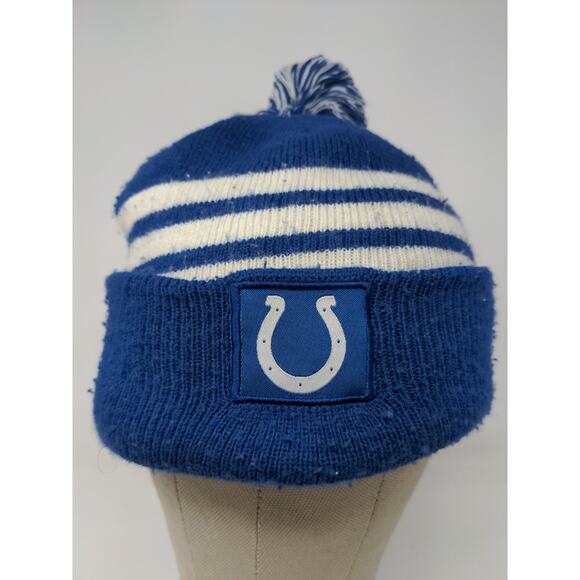 NFL Football Indianapolis Colts Beanie Hat Blue White Striped Pom Pom Patch Logo - Picture 4 of 12